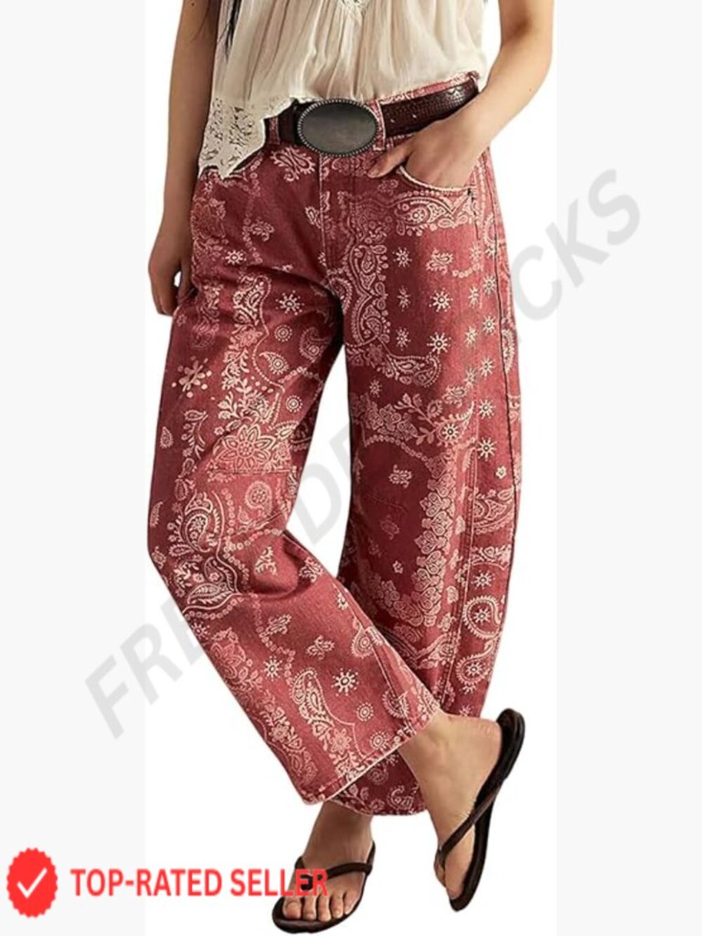 Women's Flare Wide-Leg Bandana Print Jeans - Red. NWT